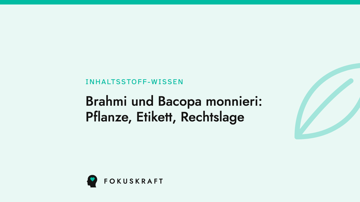Artikel-Cover: Brahmi und Bacopa monnieri: Pflanze, Etikett, Rechtslage. Typografische Grafik aus dem FOKUSKRAFT Wissensbereich, Rubrik Inhaltsstoff-Wissen.