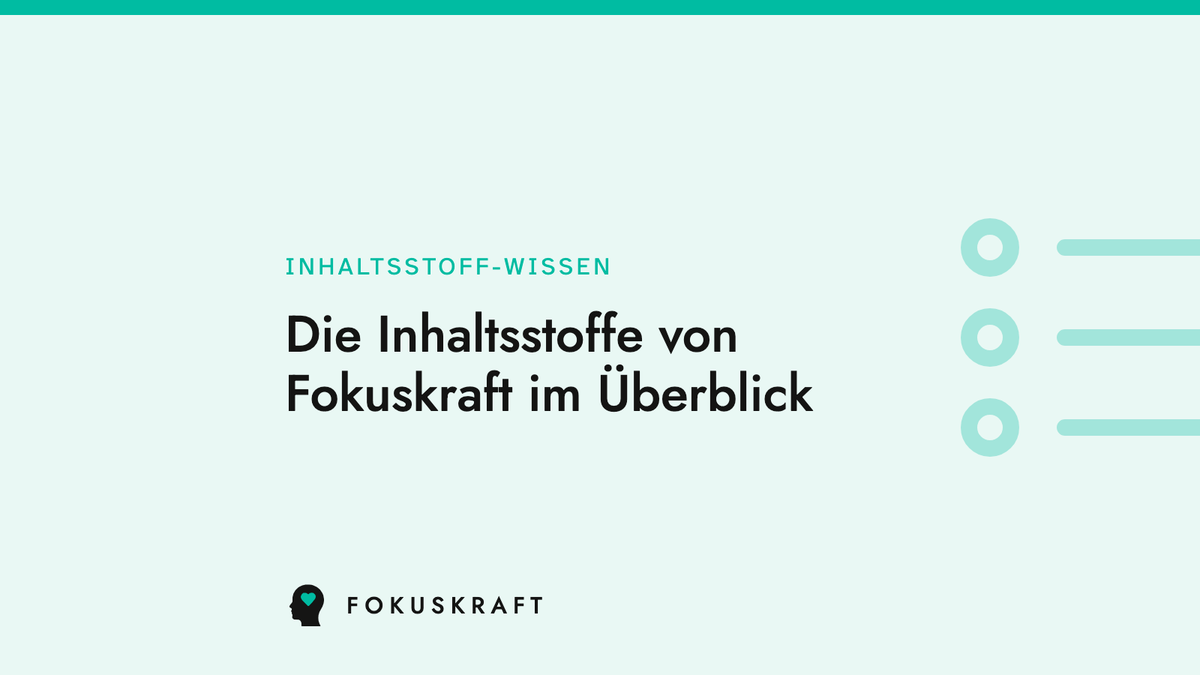 Artikel-Cover: Die Inhaltsstoffe von Fokuskraft im Überblick. Typografische Grafik aus dem FOKUSKRAFT Wissensbereich, Rubrik Inhaltsstoff-Wissen.