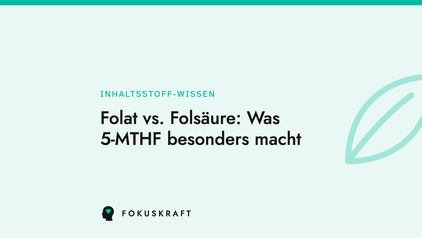 Artikel-Cover aus dem FOKUSKRAFT Wissensbereich, Rubrik Inhaltsstoff-Wissen, mit dem Titel des Beitrags zu Folat, Folsäure und 5-MTHF.