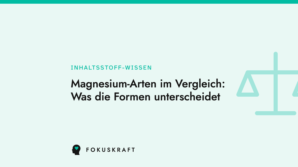 Artikel-Cover: Magnesium-Arten im Vergleich: Was die Formen unterscheidet. Typografische Grafik aus dem FOKUSKRAFT Wissensbereich, Rubrik Inhaltsstoff-Wissen.