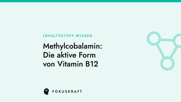 Artikel-Cover aus dem FOKUSKRAFT Wissensbereich, Rubrik Inhaltsstoff-Wissen, mit dem Titel des Beitrags zu Methylcobalamin als Form von Vitamin B12.